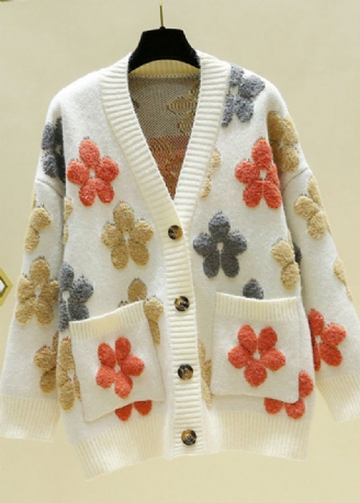 Cardigans En Tricot Confortable À Fleurs Brodées À Col En V Beige Italien Automne