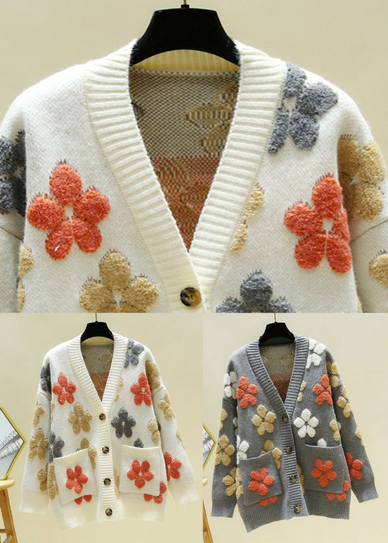 Cardigans En Tricot Confortable À Fleurs Brodées À Col En V Beige Italien Automne - Beige