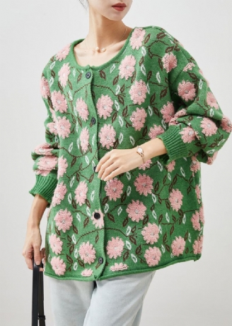 Cardigans En Tricot Confortable En Jacquard Fleuri Vert Surdimensionné Hiver