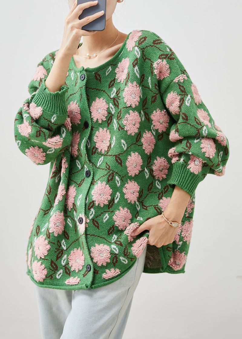 Cardigans En Tricot Confortable En Jacquard Fleuri Vert Surdimensionné Hiver - Cardigans femmes