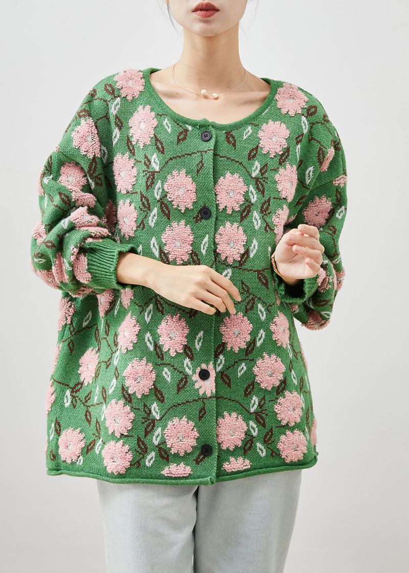 Cardigans En Tricot Confortable En Jacquard Fleuri Vert Surdimensionné Hiver - Cardigans femmes