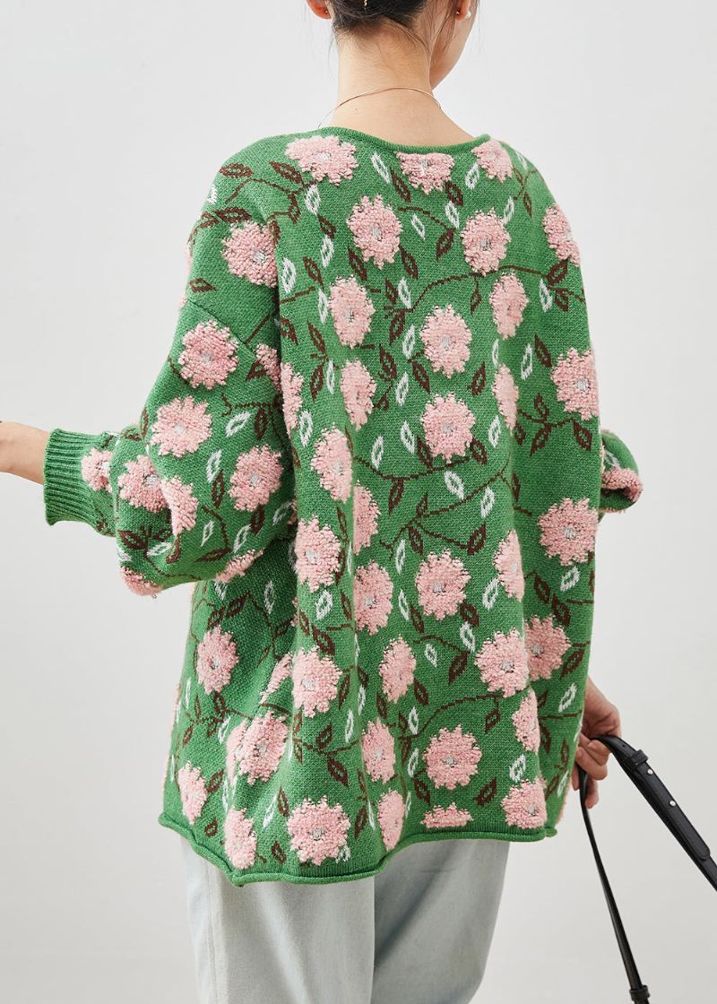 Cardigans En Tricot Confortable En Jacquard Fleuri Vert Surdimensionné Hiver - Cardigans femmes