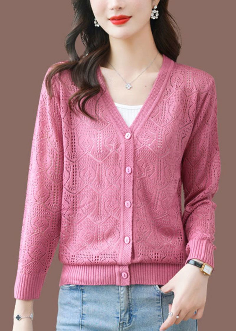 Cardigans En Tricot Confortable Taille Glace Ajouré Rose À Manches Longues