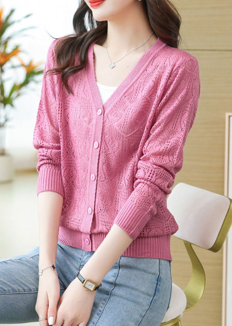 Cardigans En Tricot Confortable Taille Glace Ajouré Rose À Manches Longues - Rose