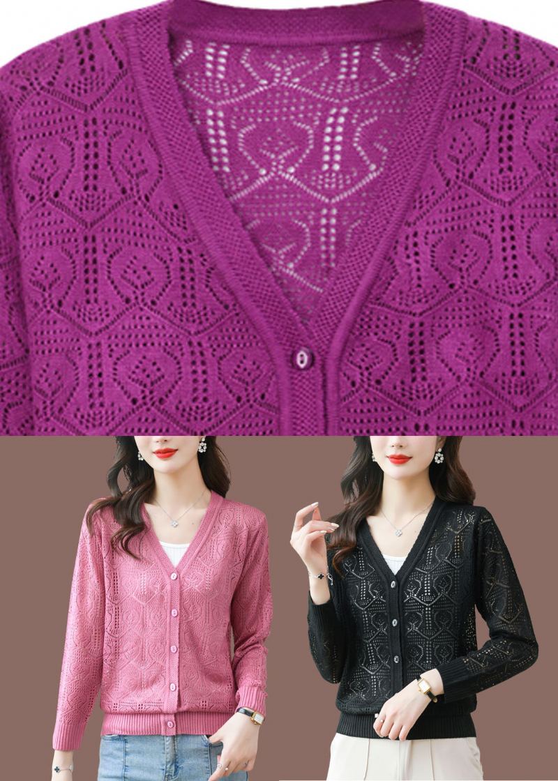 Cardigans En Tricot Confortable Taille Glace Ajouré Rose À Manches Longues - Rose