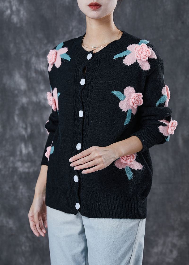 Cardigans En Tricot Confortables Noirs Printemps Floral Stéréoscopique - Cardigans femmes