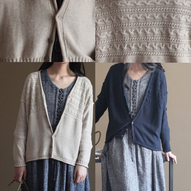 Cardigans En Tricot De Coton Vintage Col En V Grande Taille Pull Bleu Marine Décontracté Automne - Nu