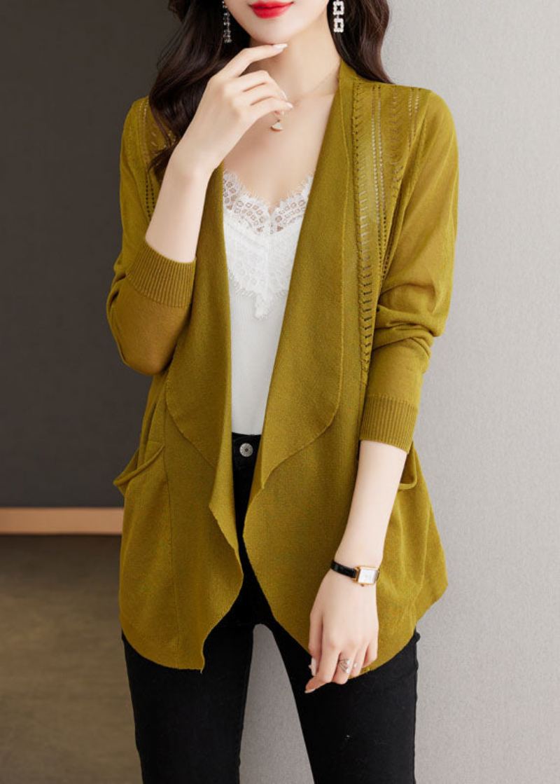 Cardigans En Tricot Couleur Matcha Ajouré Taille Glace Manches Longues