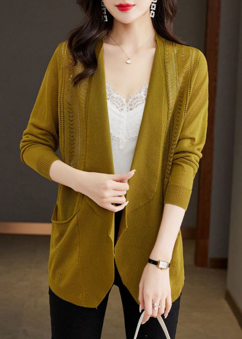 Cardigans En Tricot Couleur Matcha Ajouré Taille Glace Manches Longues - Couleur Matcha