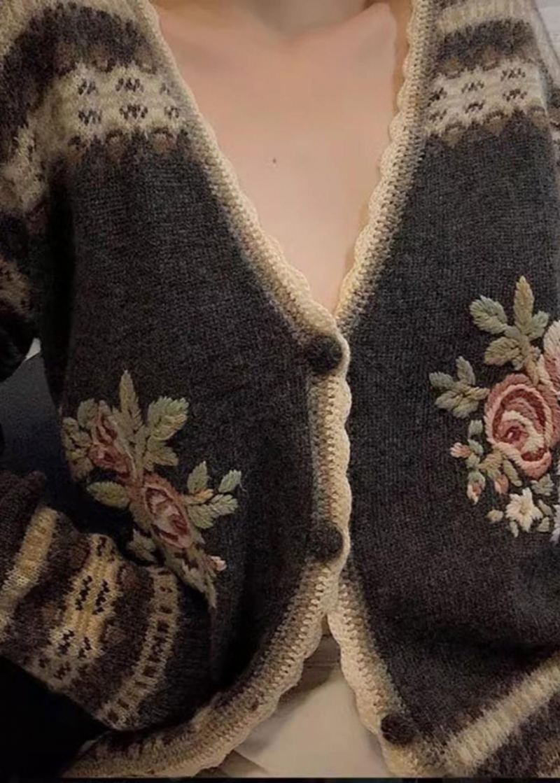 Cardigans En Tricot Fleuri Brodés Gris Ajustés Printemps - Cardigans femmes