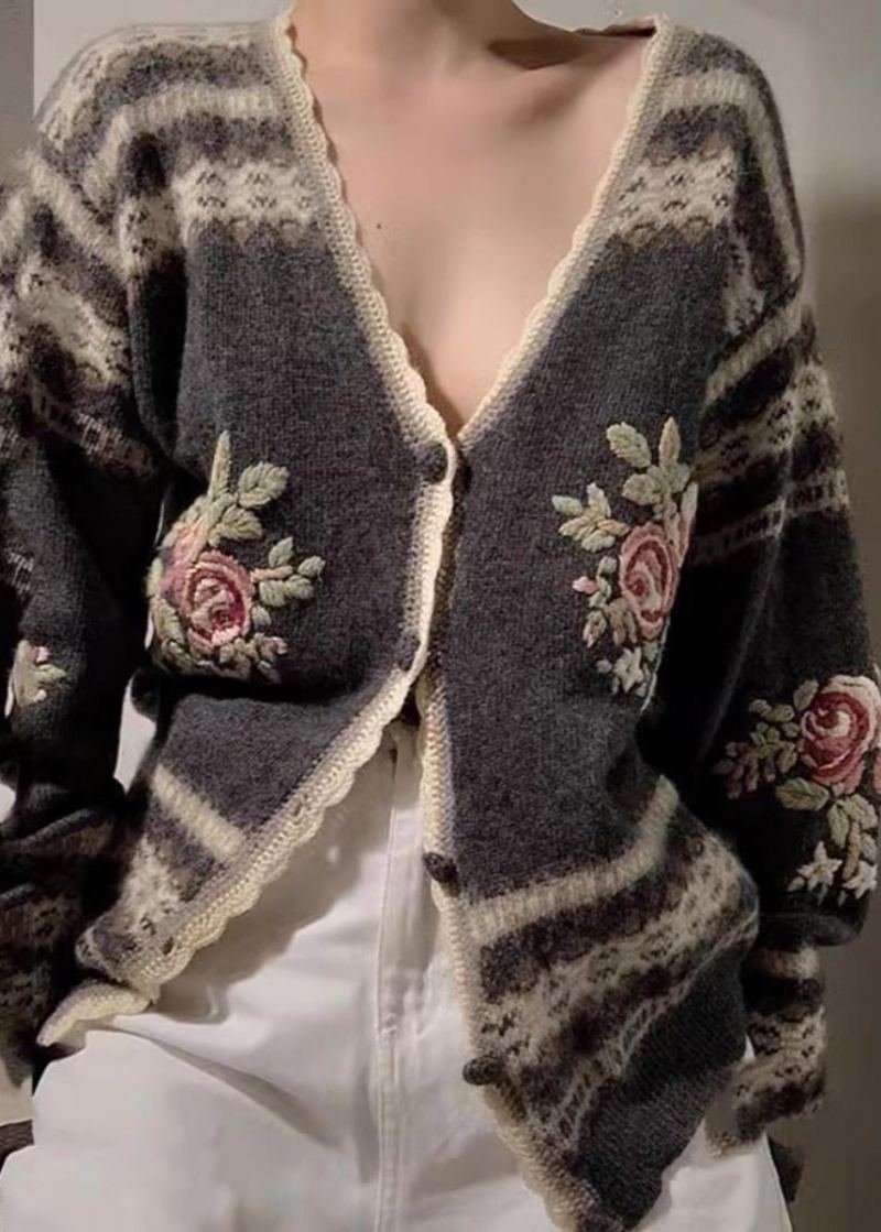 Cardigans En Tricot Fleuri Brodés Gris Ajustés Printemps - Cardigans femmes