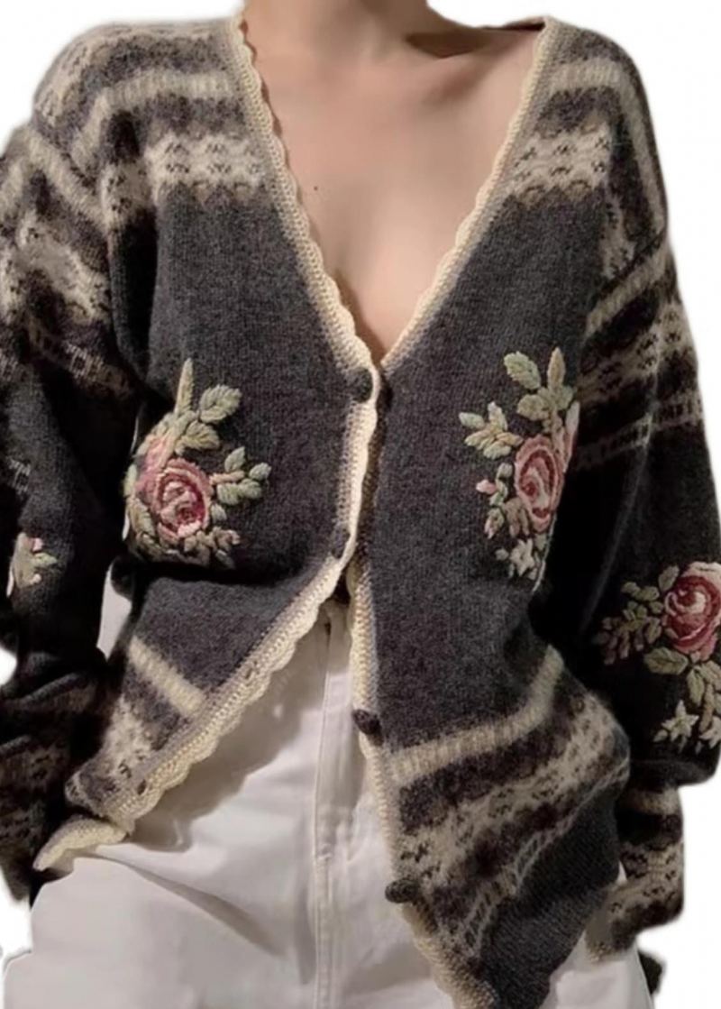 Cardigans En Tricot Fleuri Brodés Gris Ajustés Printemps - Cardigans femmes