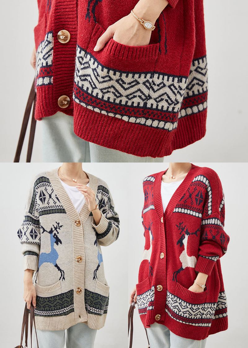 Cardigans En Tricot Imprimé Rouge Avec Poches Et Col En V Pour L'hiver - Cardigans femmes