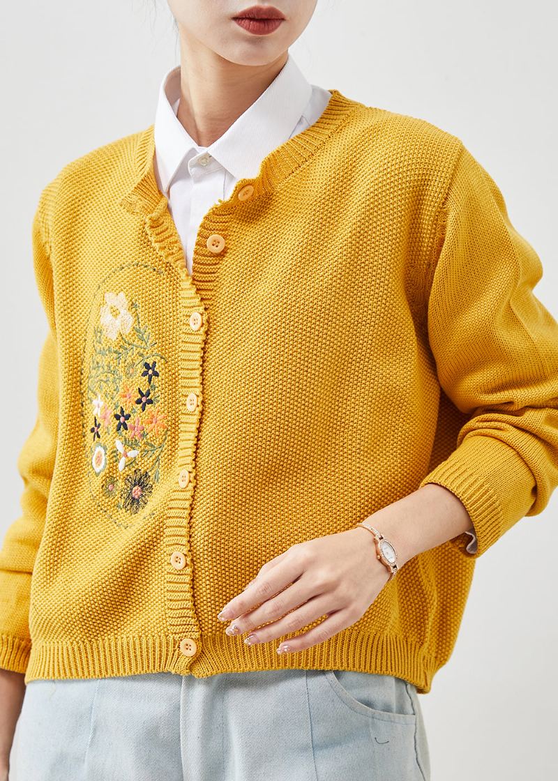 Cardigans En Tricot Jaune Bouton Brodé Printemps