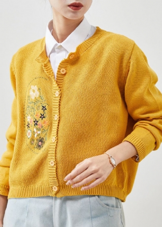 Cardigans En Tricot Jaune Bouton Brodé Printemps