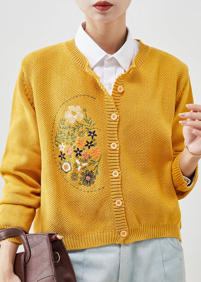 Cardigans En Tricot Jaune Bouton Brodé Printemps - Cardigans femmes