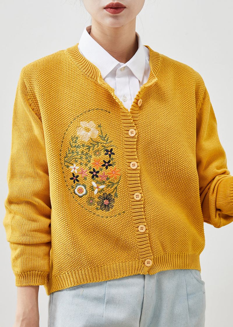 Cardigans En Tricot Jaune Bouton Brodé Printemps - Cardigans femmes