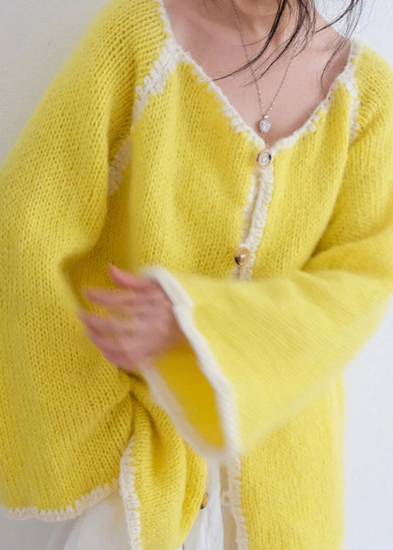 Cardigans En Tricot Jaune Décontracté Pour Femmes Col Rond Boutons Automne