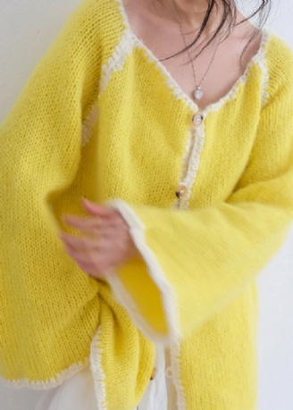 Cardigans En Tricot Jaune Décontracté Pour Femmes Col Rond Boutons Automne