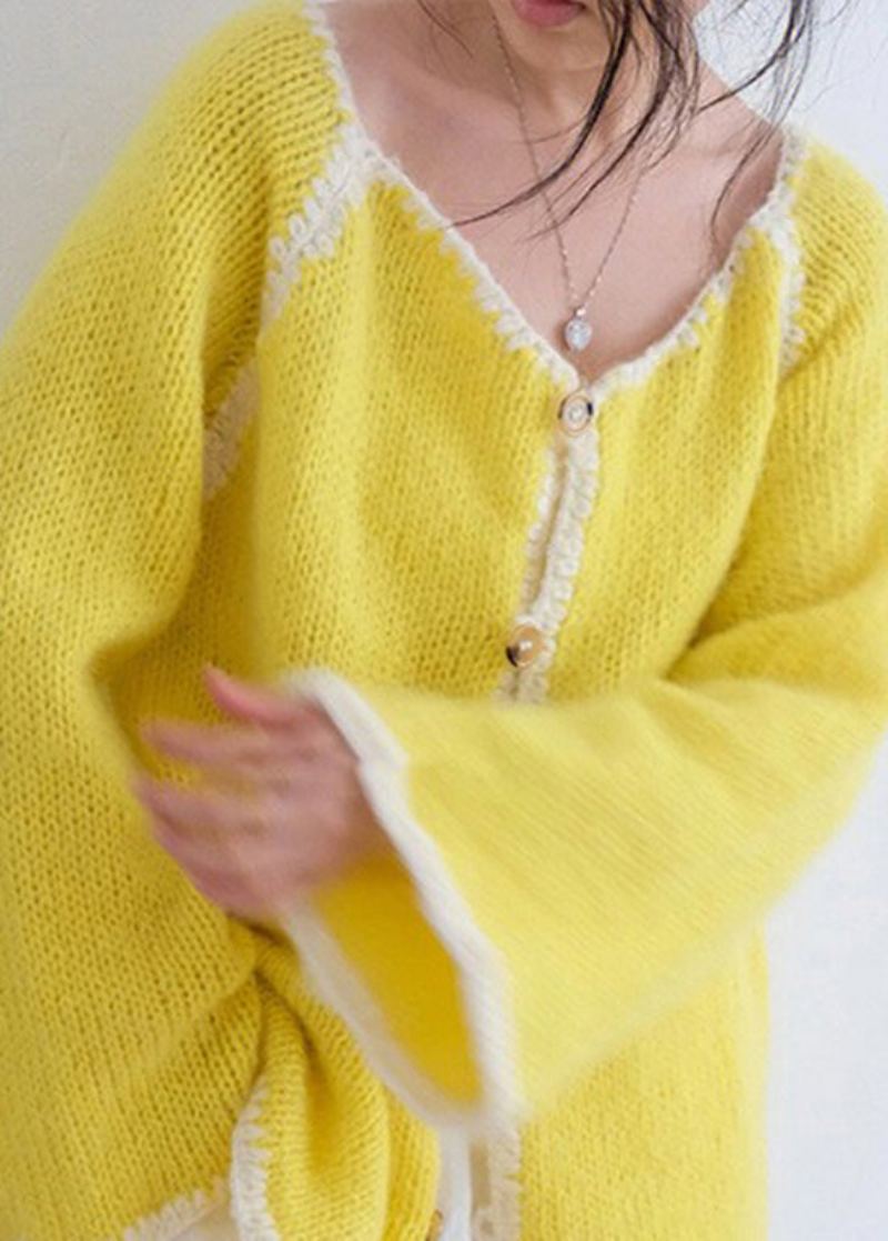 Cardigans En Tricot Jaune Décontracté Pour Femmes Col Rond Boutons Automne - Cardigans femmes