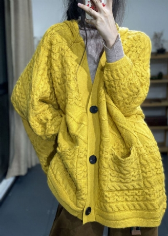 Cardigans En Tricot Jaune Moderne Avec Poches Surdimensionnées En Poils De Lapin