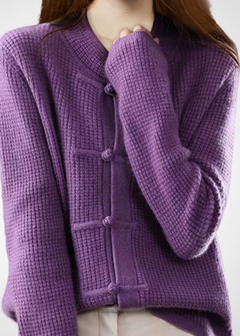 Cardigans En Tricot De Laine À Boutons Orientaux Style Boho Violet Col Rond Hiver - Cardigans femmes