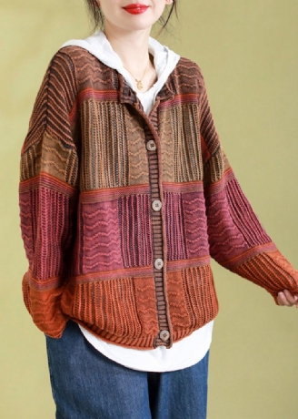 Cardigans En Tricot Orange Grande Taille Col Rond Boutons Patchwork Printemps