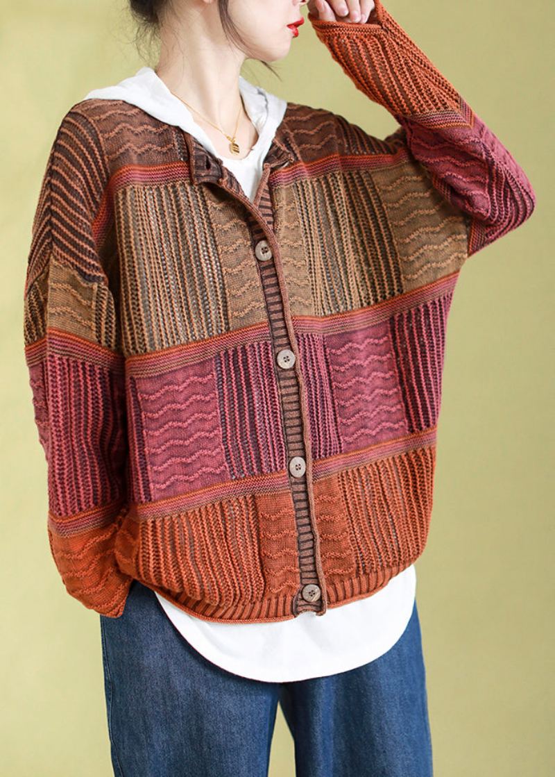 Cardigans En Tricot Orange Grande Taille Col Rond Boutons Patchwork Printemps - Cardigans femmes