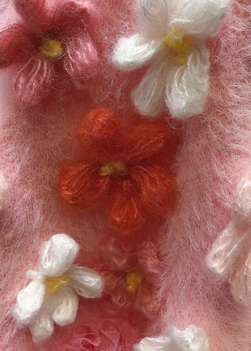 Cardigans En Tricot Rose Fleuri Avec Perles À Ongles En Tulle Patchwork Printemps - Cardigans femmes