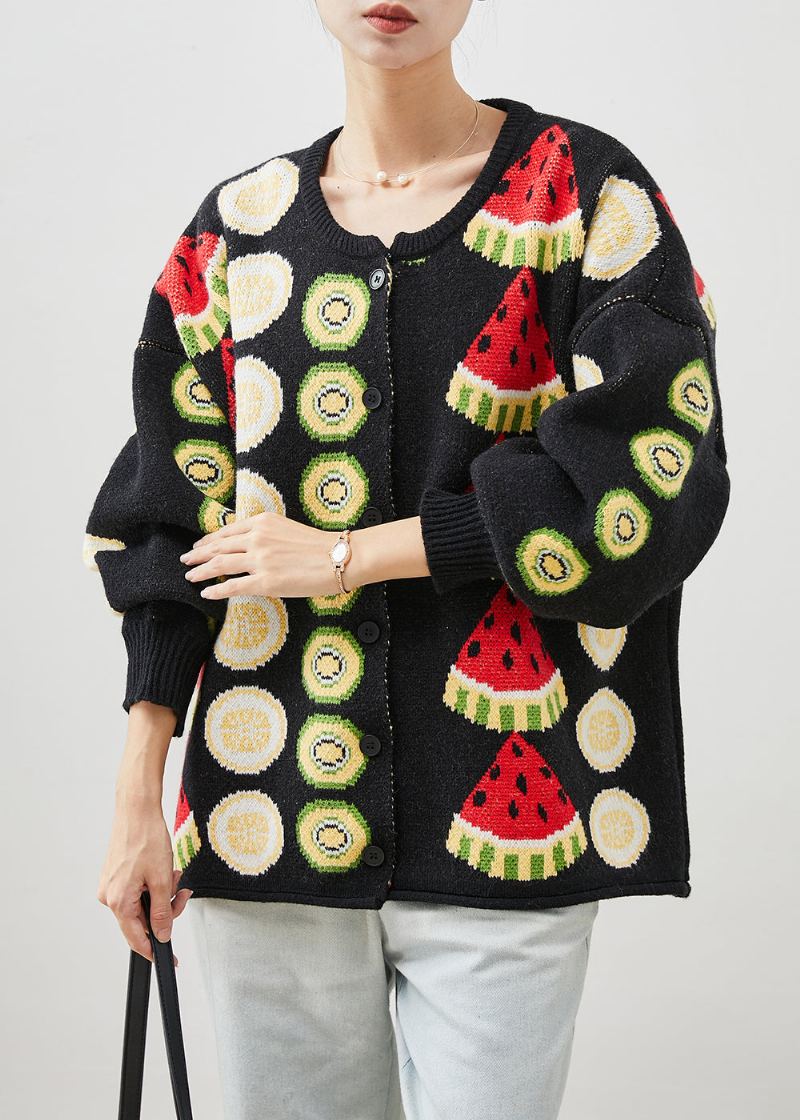 Cardigans En Tricot Surdimensionnés Imprimés De Fruits Noirs Pour Femmes Hiver - Cardigans femmes