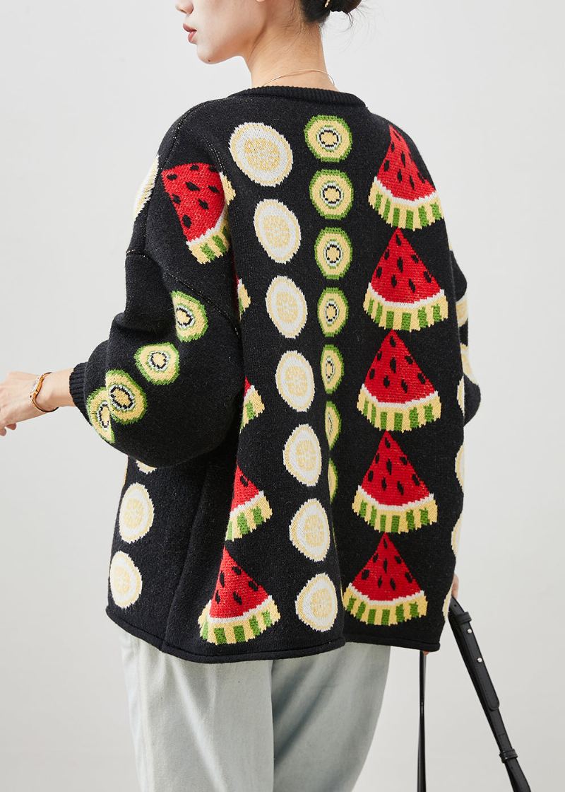 Cardigans En Tricot Surdimensionnés Imprimés De Fruits Noirs Pour Femmes Hiver - Cardigans femmes