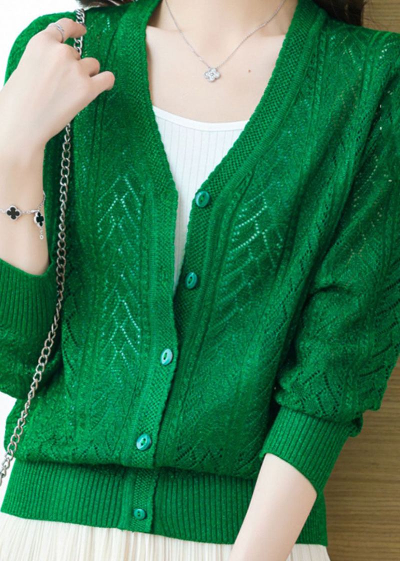 Cardigans En Tricot Vert Ample Col En V Boutons Ajourés Patchwork Automne - Cardigans femmes