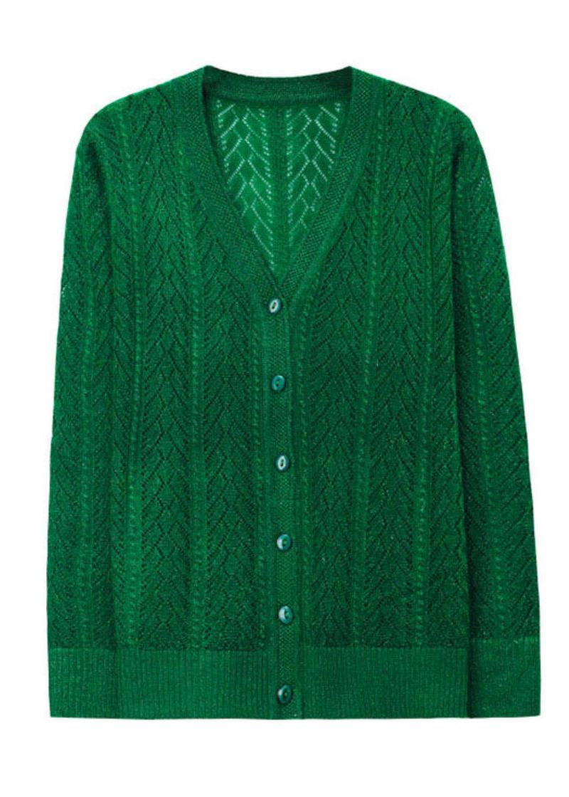 Cardigans En Tricot Vert Ample Col En V Boutons Ajourés Patchwork Automne - Cardigans femmes