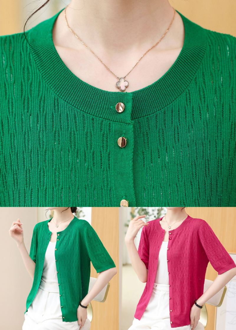 Cardigans En Tricot Vert Français Col Rond Boutons Patchwork Été - Cardigans femmes