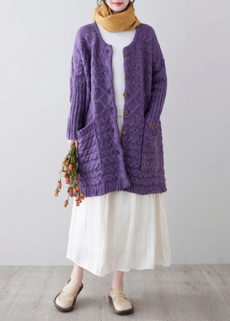 Cardigans En Tricot Violet Pour Femmes Col Rond Boutons Amples Printemps