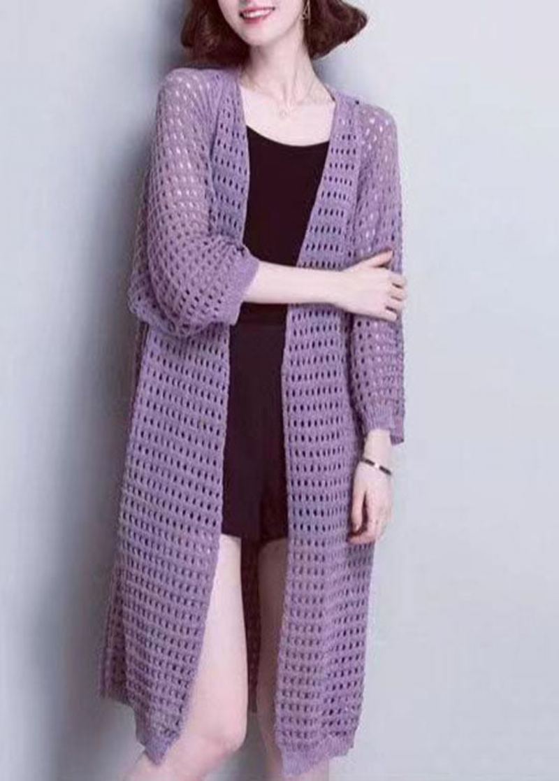 Cardigans En Tricot Violet Unique Col En V Ajouré Patchwork Été - Cardigans femmes