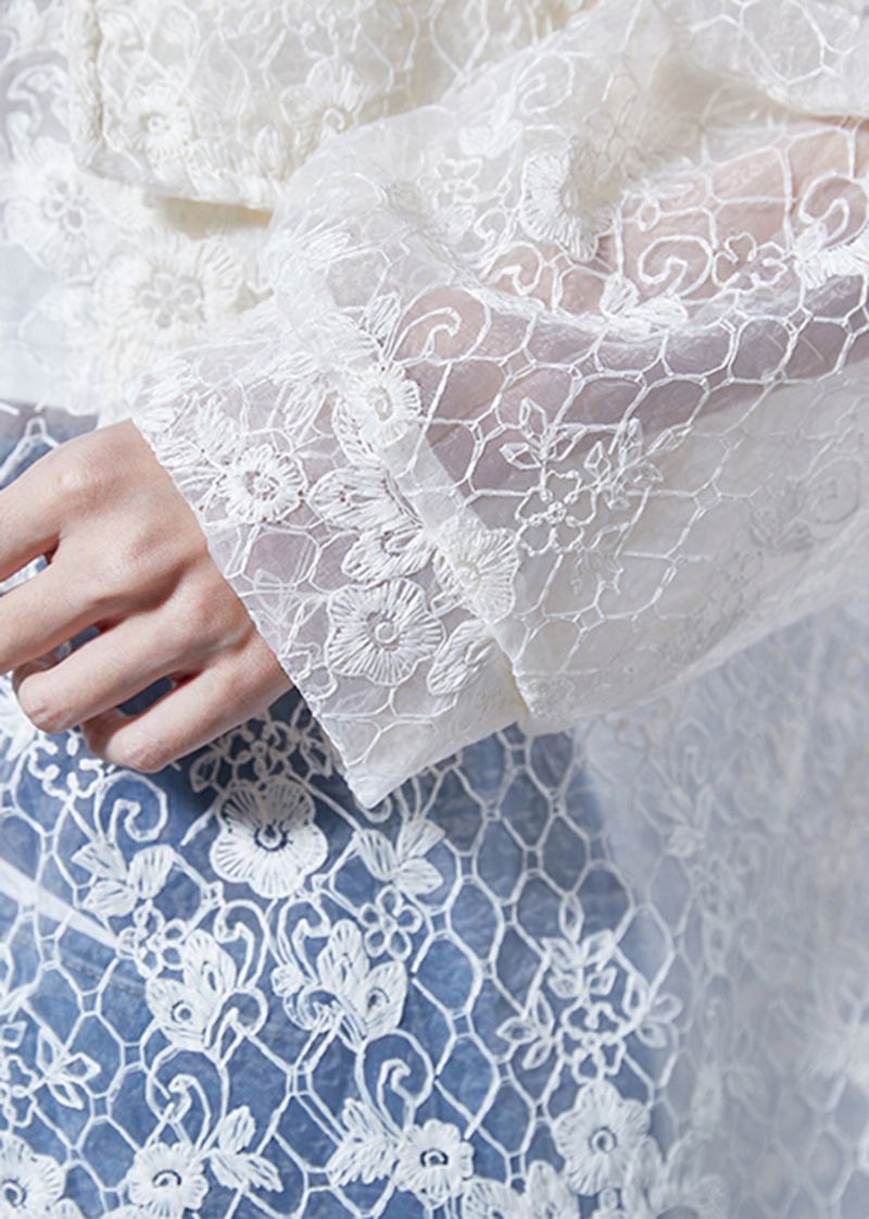 Cardigans En Tulle Ajouré Brodé À Capuche Beige Italien Été - Cardigans femmes