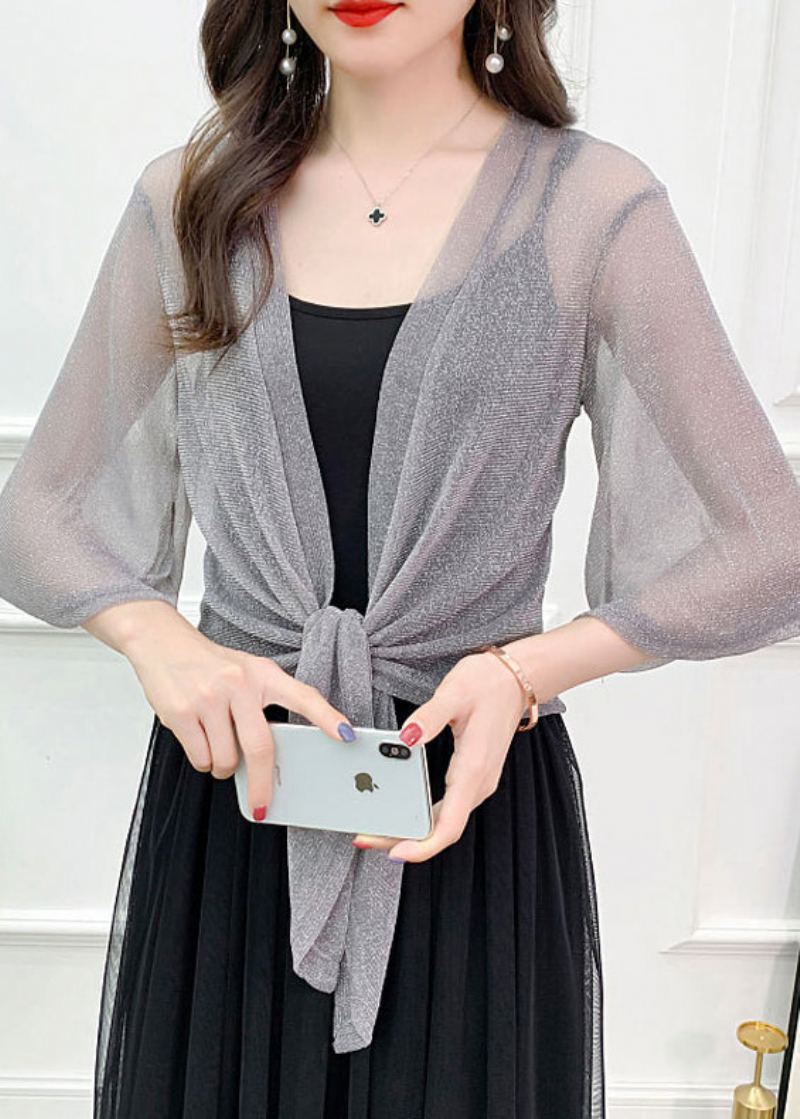 Cardigans En Tulle À Lacets Et Col En V Gris Ample Demi-manches - Cardigans femmes