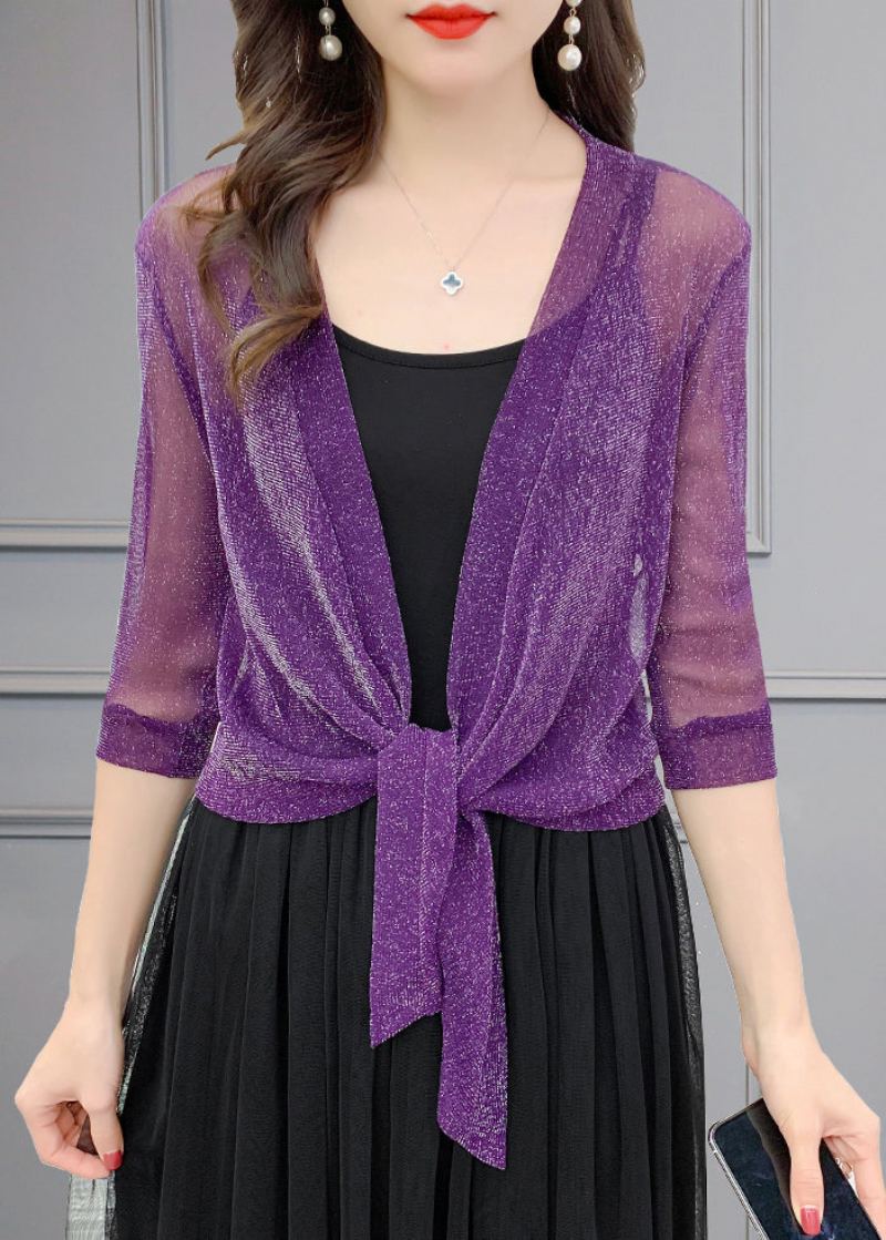 Cardigans En Tulle De Soie Brillant Ample Violet Col En V Été