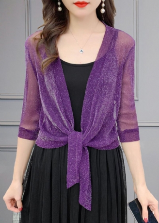 Cardigans En Tulle De Soie Brillant Ample Violet Col En V Été