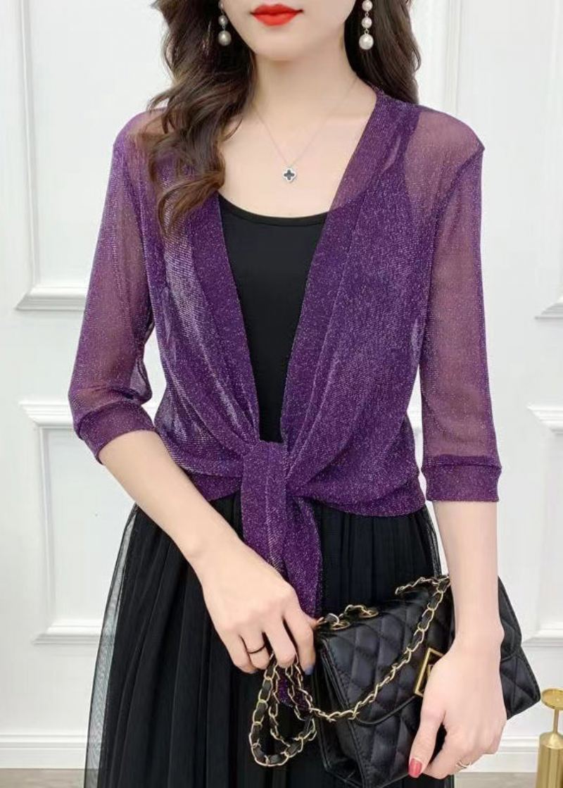 Cardigans En Tulle De Soie Brillant Ample Violet Col En V Été - Cardigans femmes