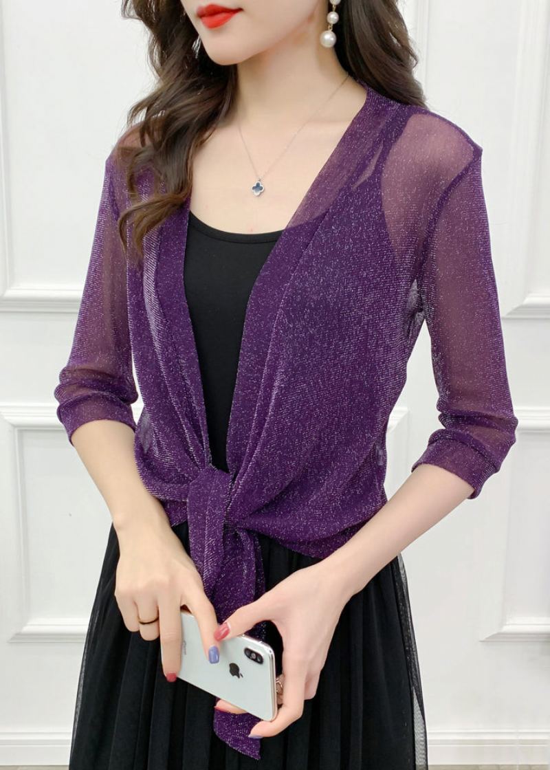 Cardigans En Tulle De Soie Brillant Ample Violet Col En V Été - Cardigans femmes