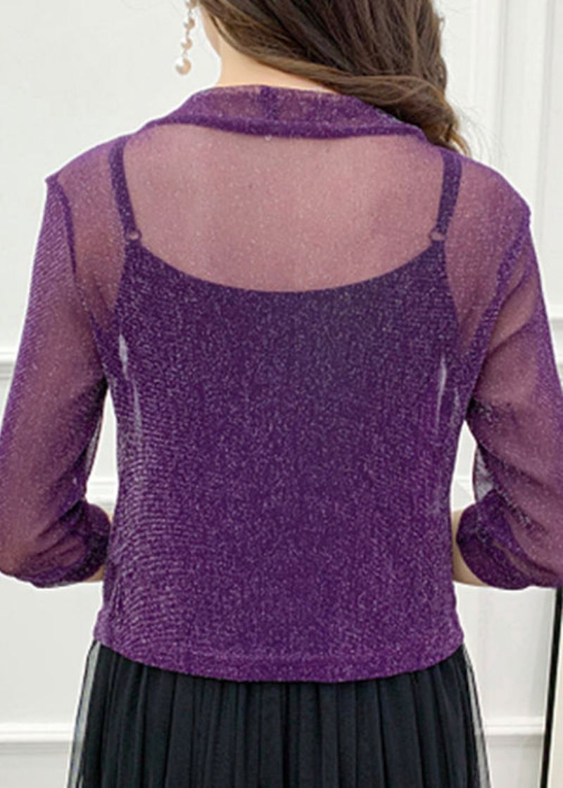 Cardigans En Tulle De Soie Brillant Ample Violet Col En V Été - Cardigans femmes