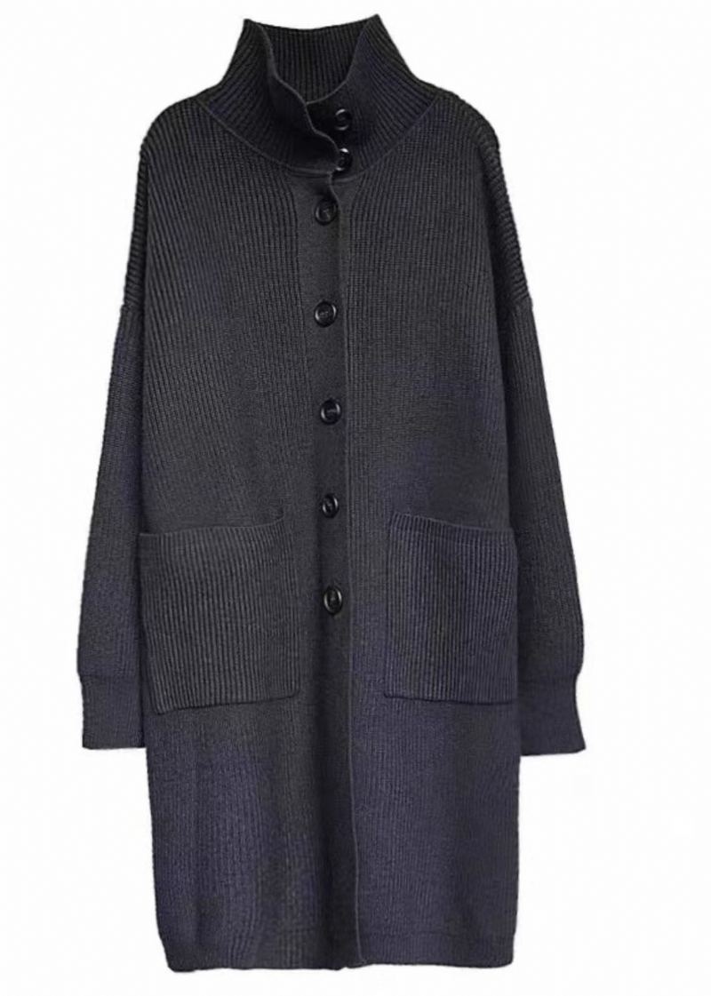 Casua Gris Col Roulé Poches Bouton Épais Long Pull En Tricot Automne - Gris