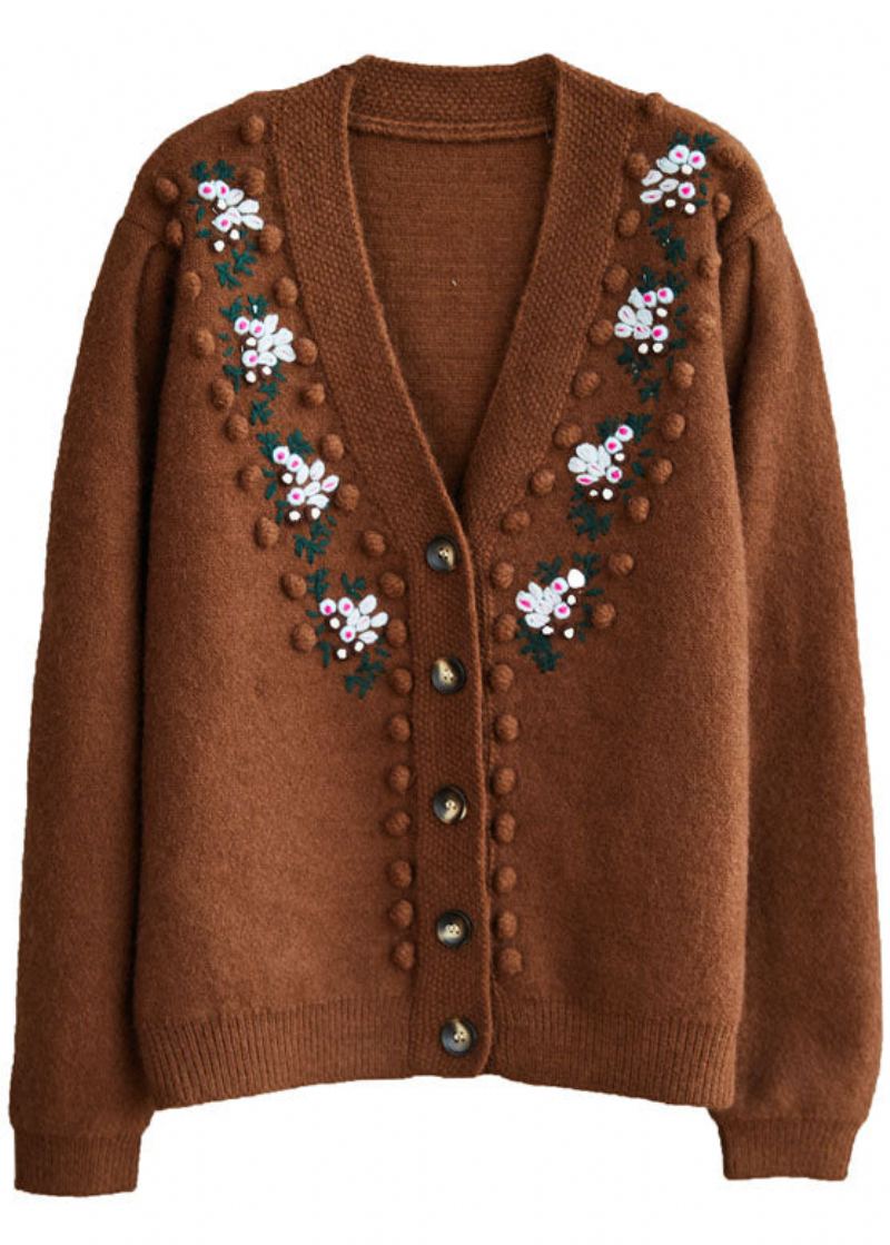 Chandails En Tricot À Boutons Brodés Chocolat Manteau D'hiver - Cardigans femmes