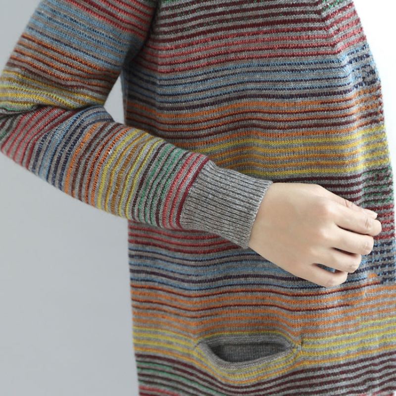 Chaud Décontracté Tricot Outwear Arc-en-ciel Baggy Lâche À Manches Longues Mi Pull Cardigans - Cardigans femmes