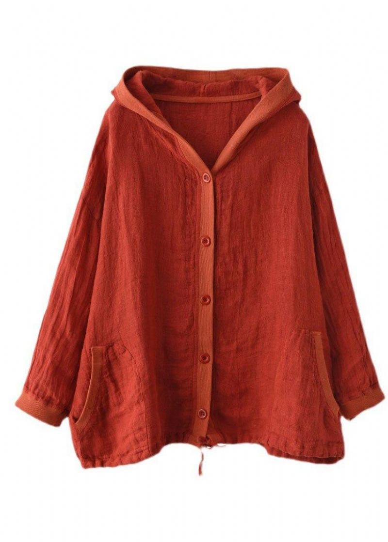 Chemise À Manches Longues Ramie À Capuche Et Boutons Rouges Français - Rouge