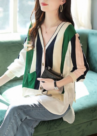 Chic Colorblock Col En V Patchwork Rayé Tricot Cardigans Printemps