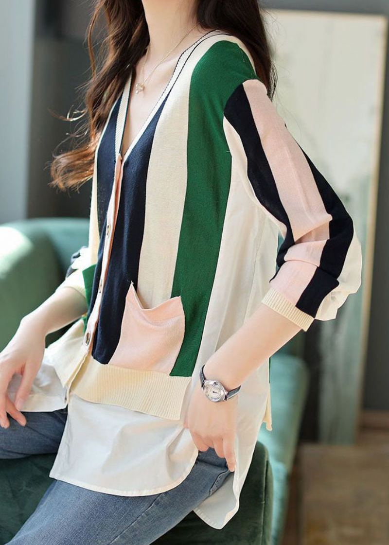 Chic Colorblock Col En V Patchwork Rayé Tricot Cardigans Printemps - Cardigans femmes