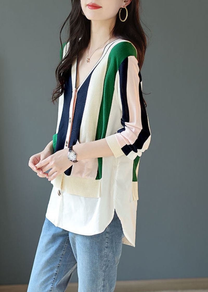 Chic Colorblock Col En V Patchwork Rayé Tricot Cardigans Printemps - Cardigans femmes